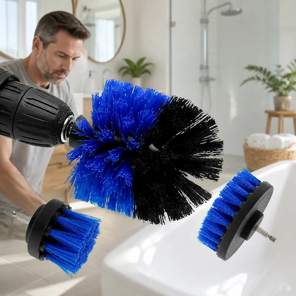 Electric Drill Cleaning Brush Head Set Blue 4 Inch Medium Stiffness Nylon Bristles