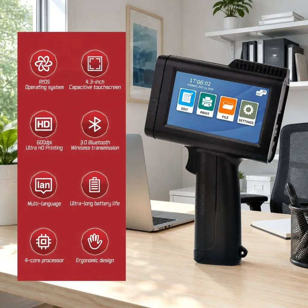 Inkjet Printer Portable Handheld Large Font 600DPI Bluetooth 4.3 Inch Touch Screen