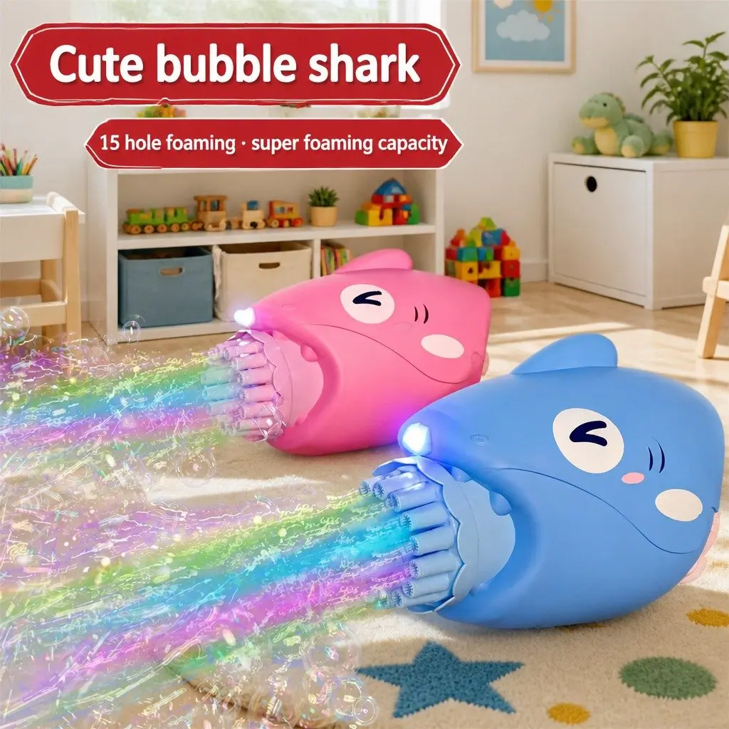 Bubble Gun Blue Shark Automatic Hand-Held Toy 15 Holes Outdoor Bubble Maker