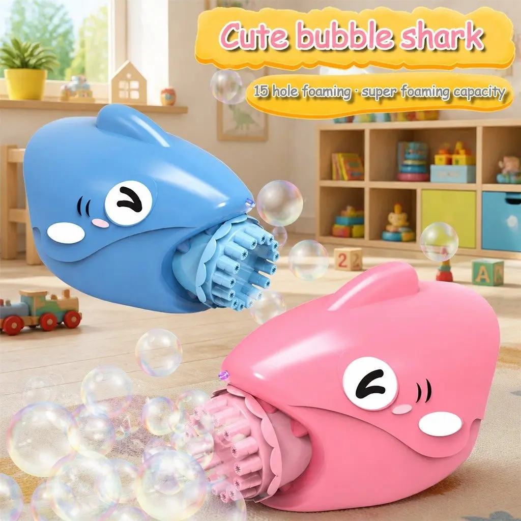 Bubble Gun Blue Shark Automatic Hand-Held Toy 15 Holes Outdoor Bubble Maker