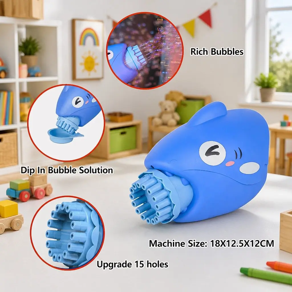 Bubble Gun Blue Shark Automatic Hand-Held Toy 15 Holes Outdoor Bubble Maker