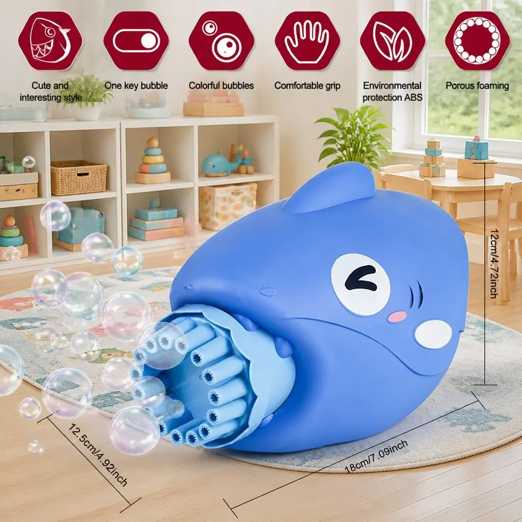 Bubble Gun Blue Shark Automatic Hand-Held Toy 15 Holes Outdoor Bubble Maker