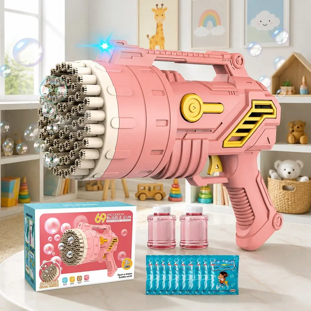 Bubble Gun Pink 69 Hole Luminous Hand-Held Toy