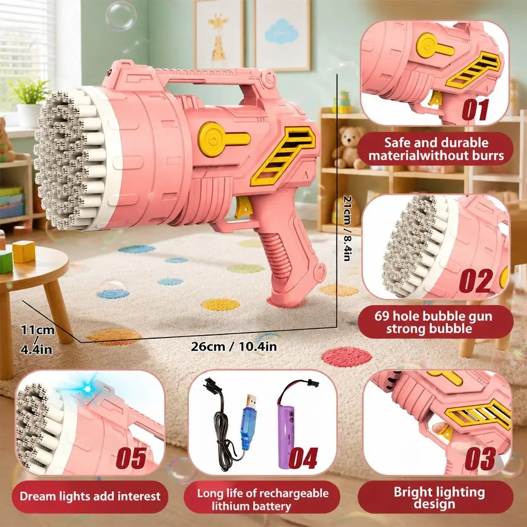 Bubble Gun Pink 69 Hole Luminous Hand-Held Toy