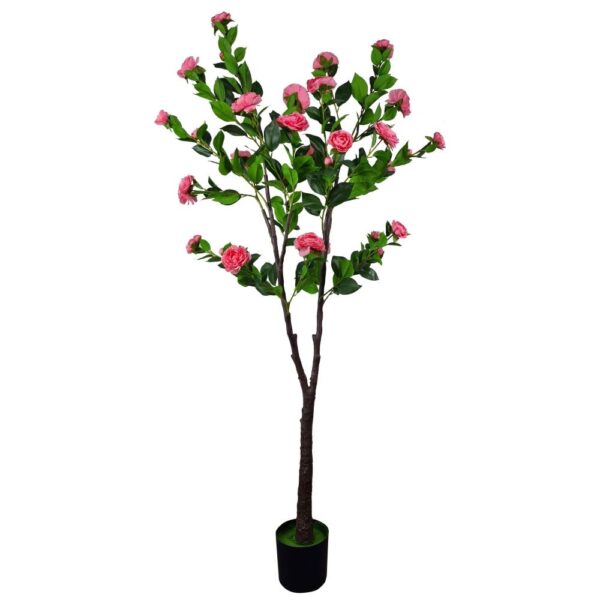 Fanno-Indoor Flowering Pink Artificial Camellia Tree 180cm Realistic Faux Plant