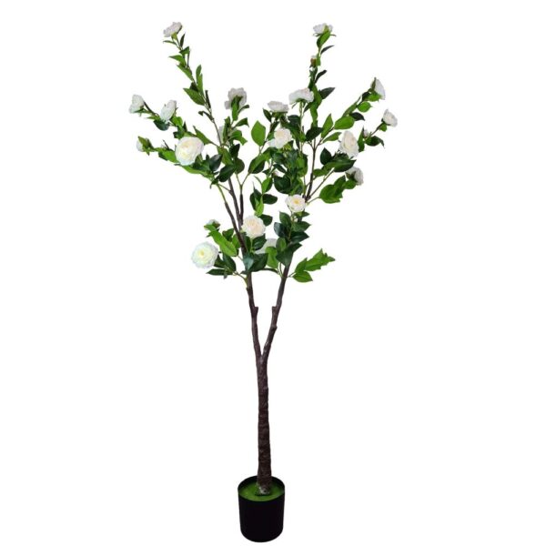 Fanno-Artificial Flowering Camellia Tree 180cm Indoor Plant with White Flowers and Green Leaves