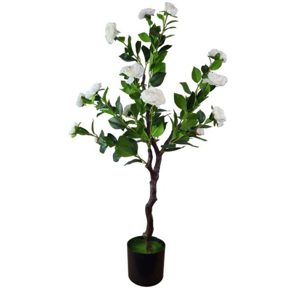 Fanno-Artificial Flowering White Camellia Tree Indoor Faux Plant 100cm Elegant Decor