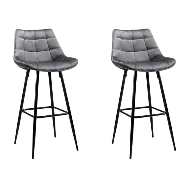 Fanno-Bar Stool Velvet Chairs Set of 2 Grey Metal Footrest Anti-Slip Rubber Feet