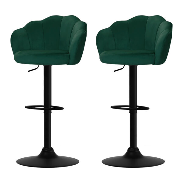 Fanno-Clam Shell Velvet Bar Stools Set of 2 Adjustable Height Green 360 Swivel Design