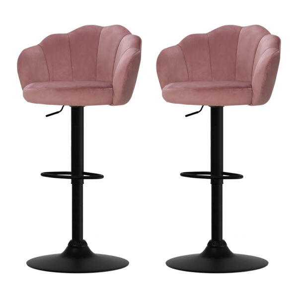 Fanno-Clam Shell Velvet Bar Stools Set of 2 Adjustable Height Swivel Pink