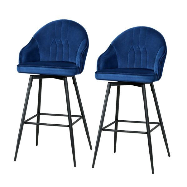 Fanno-Velvet Bar Stools Set of 2 with Rotatable Seat and Metal Legs in Blue