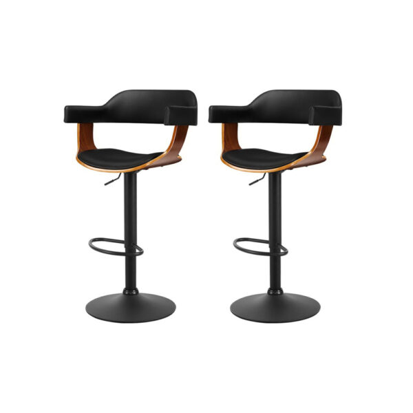 Fanno-Bar Stool Set of 2 with Gas Lift PU Leather Seat and Armrest Black Finish