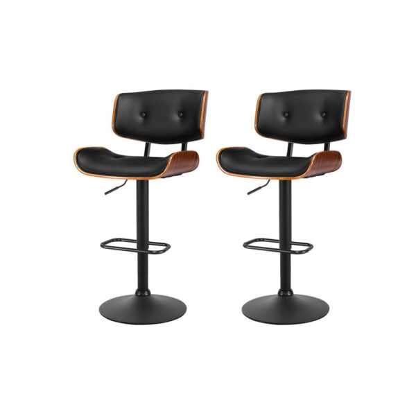 Fanno-Bar Stools Set of 2 Gas Lift PU Leather Wooden Seat Chrome Base Black Finish