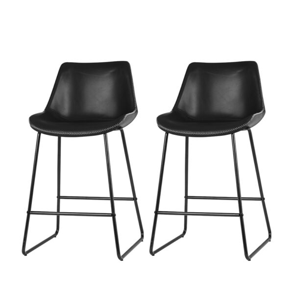 Fanno-Set of 2 Bar Stools Black PU Leather Kitchen Counter Chairs with Steel Frame