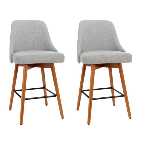 Fanno-Bar Stools Set of 2 Swivel Faux Linen Padded Seat with Steel Footrest Grey