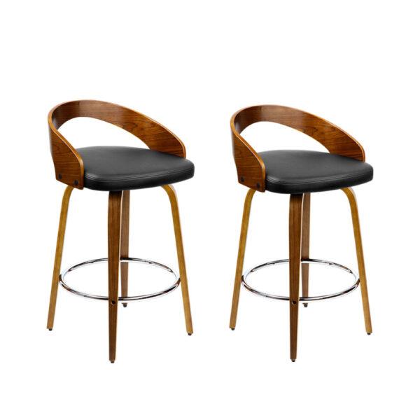 Fanno-Set of 2 Walnut Wooden Bar Stools with Black PU Leather Swivel Seats