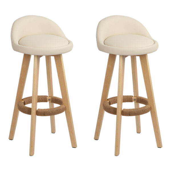 Fanno-Padded PU Leather Bar Stools with Wooden Frame and 360 Swivel Beige Set of 2