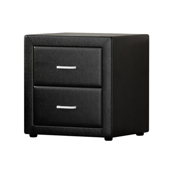 Fanno-Bedside Table with Drawers Modern PVC Leather Storage Side Table Black