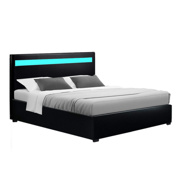 Fanno-Gas Lift Bed Frame with LED Lighting and Storage Double Size Black