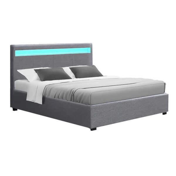 Fanno-Gas Lift Bed Frame with LED Lighting and Storage Double Size Grey Faux Linen