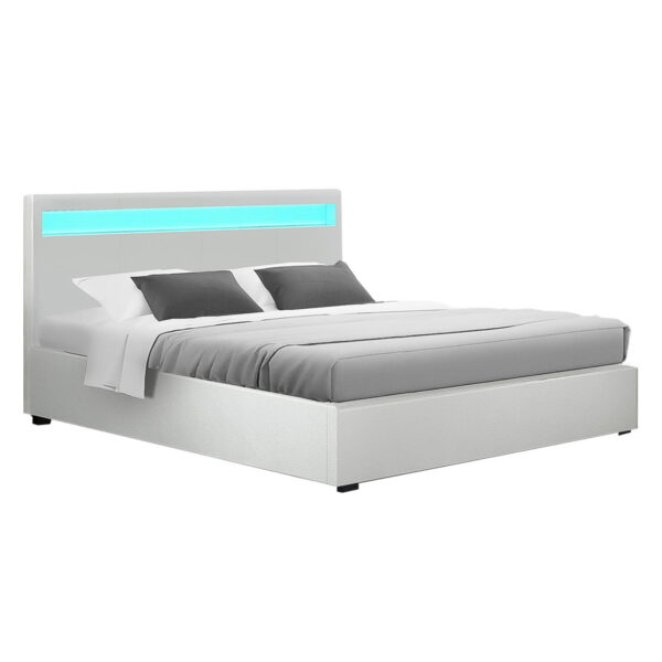 Fanno-Gas Lift Bed Frame with LED Lighting and Storage Double Size White