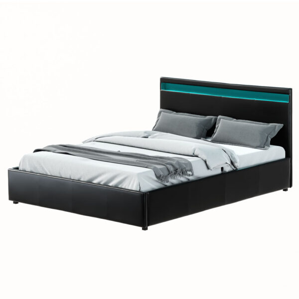 Fanno-Queen Size Gas Lift Bed Frame with LED Lights and Storage Compartment Black