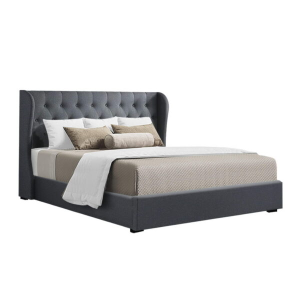 Fanno-Gas Lift Bed Frame King Size Charcoal Faux Linen Tufted Headboard Storage Solution