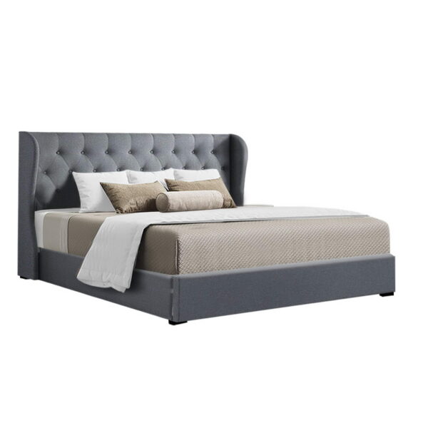 Fanno-Gas Lift King Size Bed Frame with Storage Tufted Headboard Grey Faux Linen