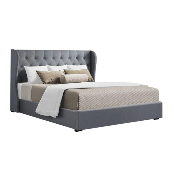 Fanno-Gas Lift Bed Frame Queen Size Grey Faux Linen Tufted Headboard Storage Solution