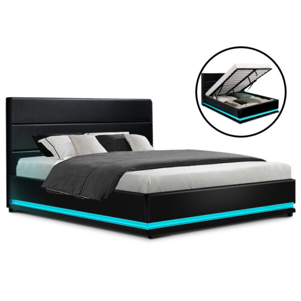 Fanno-Gas Lift Bed Frame Double Size with LED Lighting and Storage Black