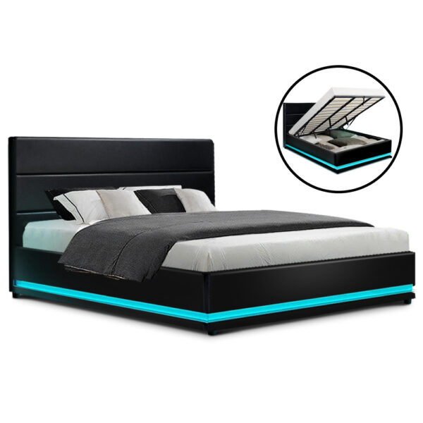 Fanno-Gas Lift Bed Frame King Size with LED Lighting and Storage Black PVC Leather