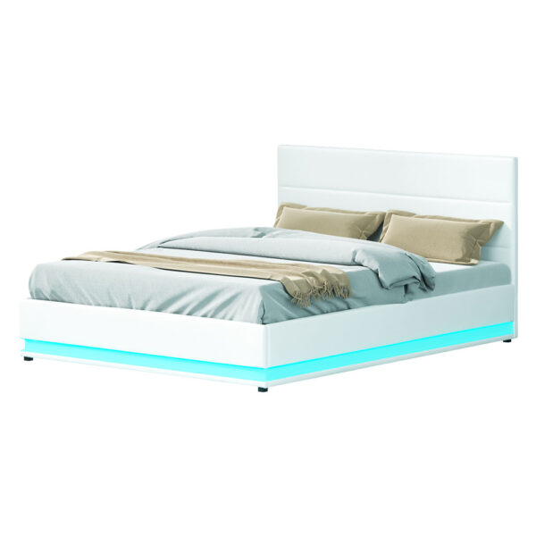 Fanno-Gas Lift Bed Frame Queen Size with LED Lighting and Storage White Upholstered