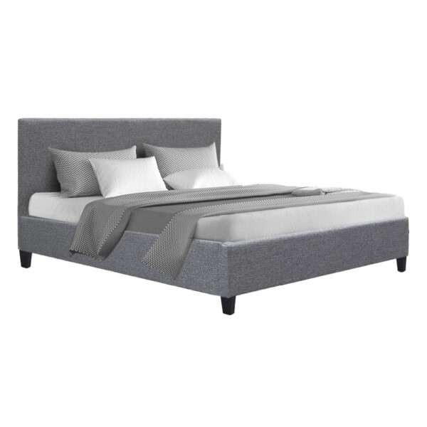 Fanno-Double Size Grey Bed Frame with Faux Linen Upholstery and High-Density Foam