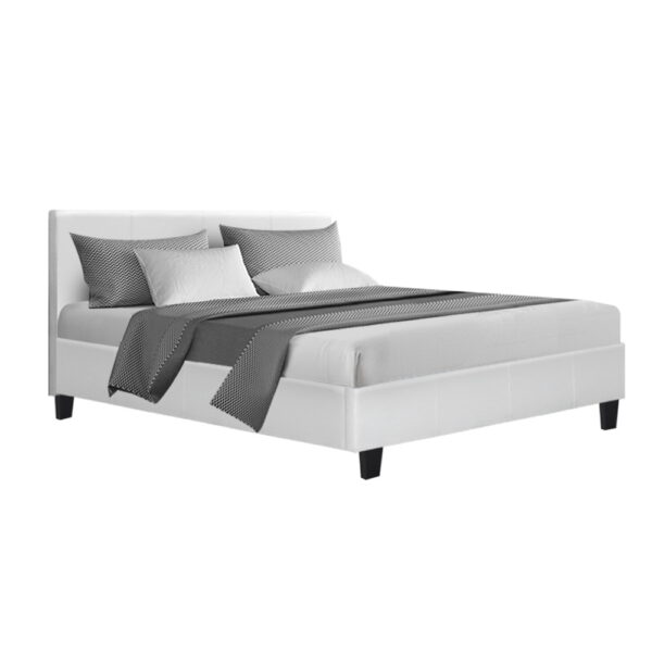 Fanno-Double Size Bed Frame White Modern PVC Leather High-Density Foam Support