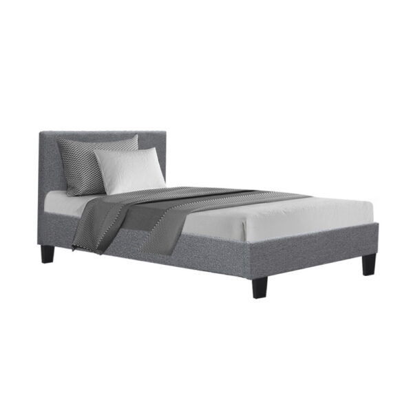 Fanno-King Single Bed Frame Grey Faux Linen Modern Design with Padded Headboard