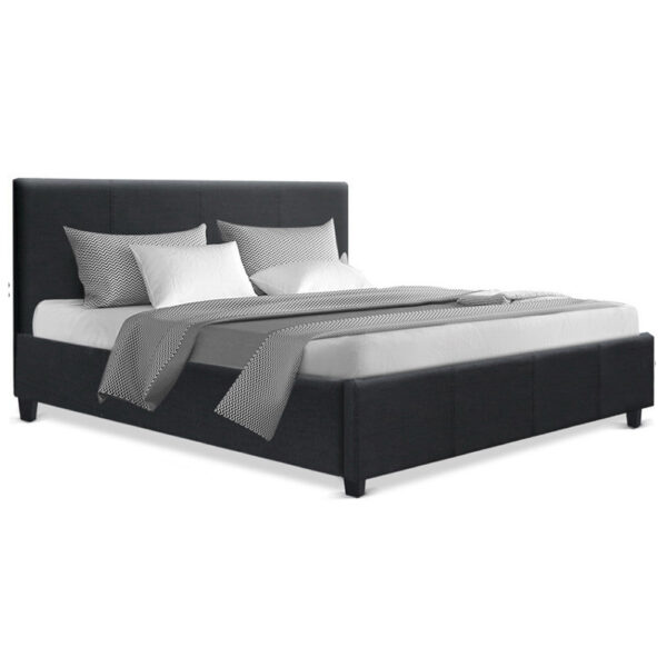 Fanno-Queen Size Charcoal Bed Frame with Faux Linen Upholstery and High-Density Foam