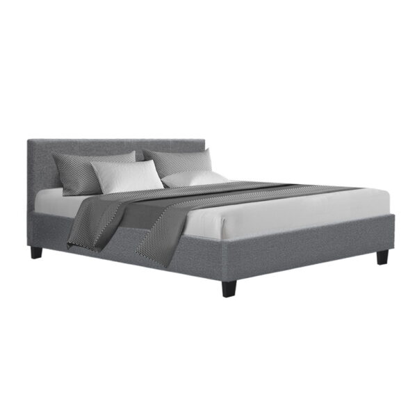 Fanno-Queen Size Bed Frame Grey Faux Linen Modern Design with High-Density Foam