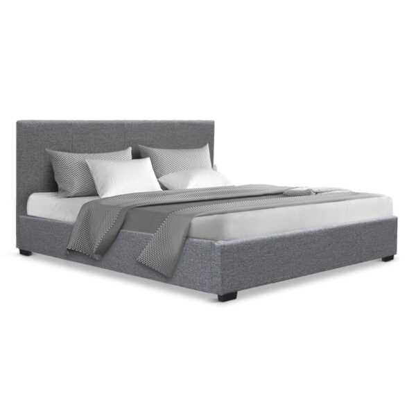 Fanno-Double Bed Frame with Gas Lift Storage Grey Faux Linen Upholstered Design