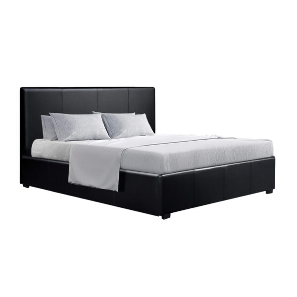 Fanno-Queen Size Gas Lift Bed Frame with Storage PU Leather Black Upholstered Design