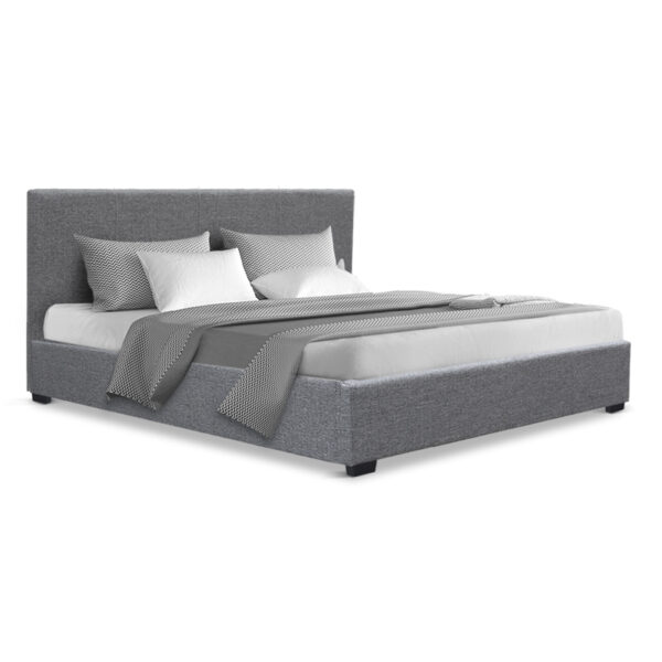 Fanno-Gas Lift Bed Frame Queen Size Grey Faux Linen Storage Upholstered Design