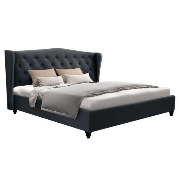 Fanno-King Size Bed Frame Charcoal Tufted  Headboard Steel Frame Linen Fabric