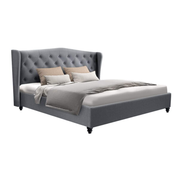 Fanno-King Size Bed Frame Grey Tufted  Headboard Steel Frame Linen Fabric