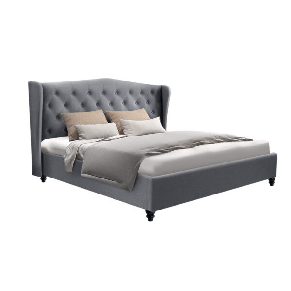 Fanno-Queen Size Pier Bed Frame Grey with Tufted Headboard and Steel Frame Support