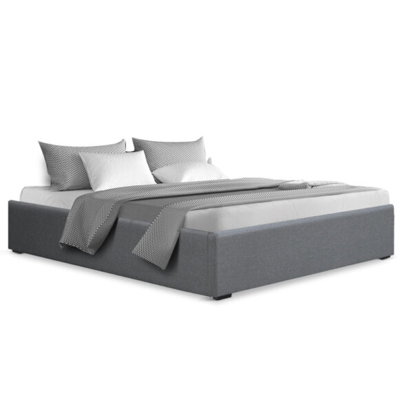 Fanno-Gas Lift Bed Frame Double Size Grey Linen Storage with Reinforced Steel Construction