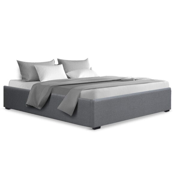 Fanno-Gas Lift Bed Frame Queen Size Grey Linen Storage with Reinforced Steel Construction