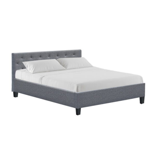 Fanno-Queen Size Bed Frame Grey Upholstered Faux Linen Tufted Headboard Modern Design