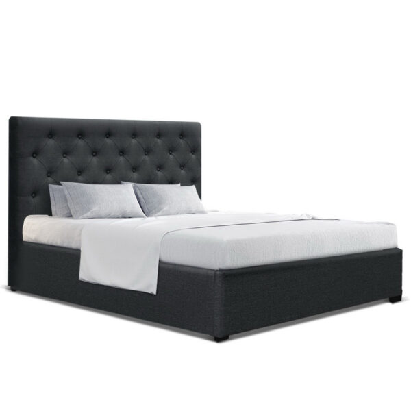 Fanno-Gas Lift Bed Frame Double Size Charcoal Storage Upholstered Linen Tufted Headboard