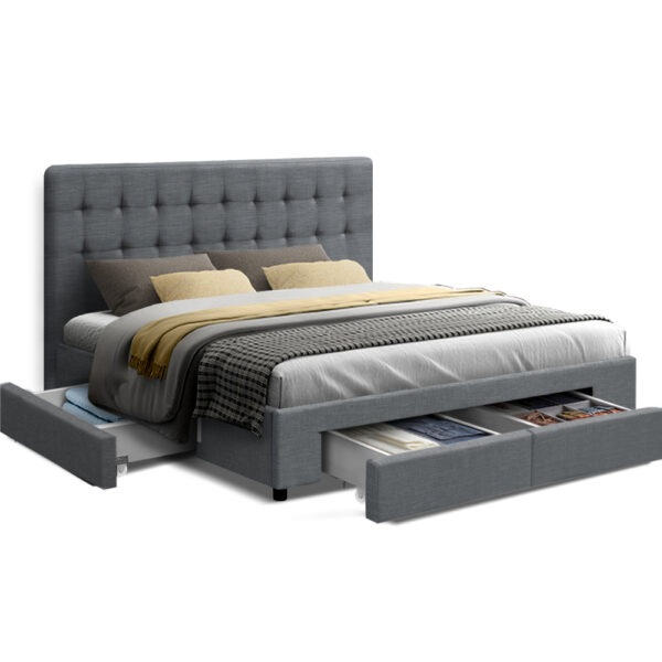 Fanno-Queen Bed Frame with Tufted Headboard and 4 Storage Drawers in Grey Fabric