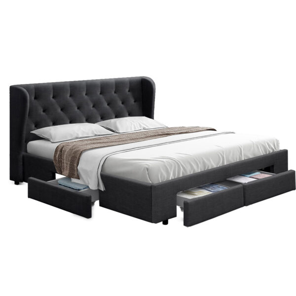 Fanno-King Size Bed Frame with Tufted Headboard and 4 Storage Drawers Charcoal