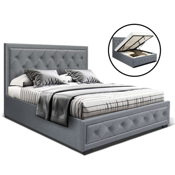 Fanno-Gas Lift Bed Frame Double Size Grey Faux Linen Storage Tufted Headboard